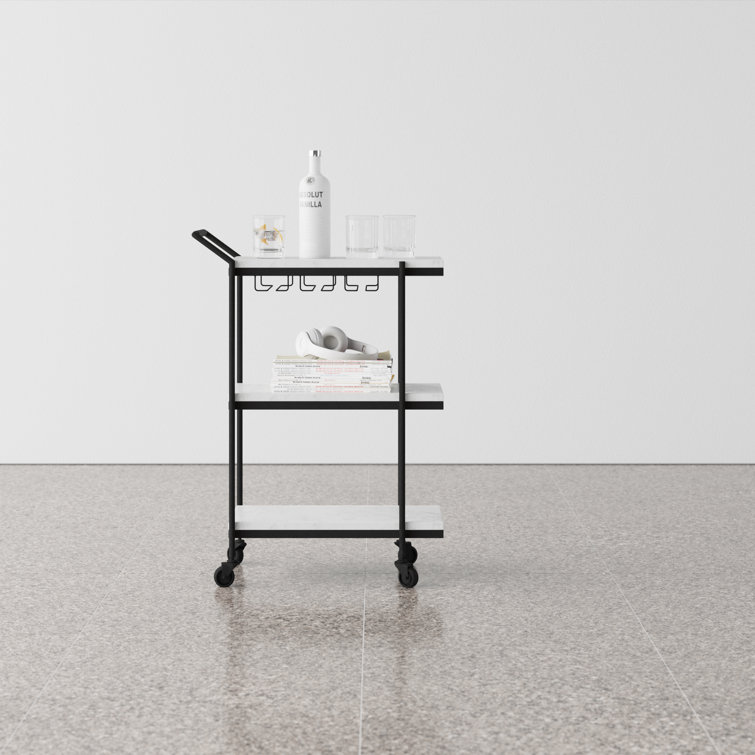 White Marble and Black Iron Bar Cart with Storage