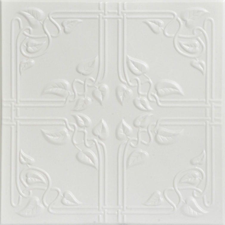Dove White Faux Tin Ivy Leaves Glue-Up Ceiling Tile