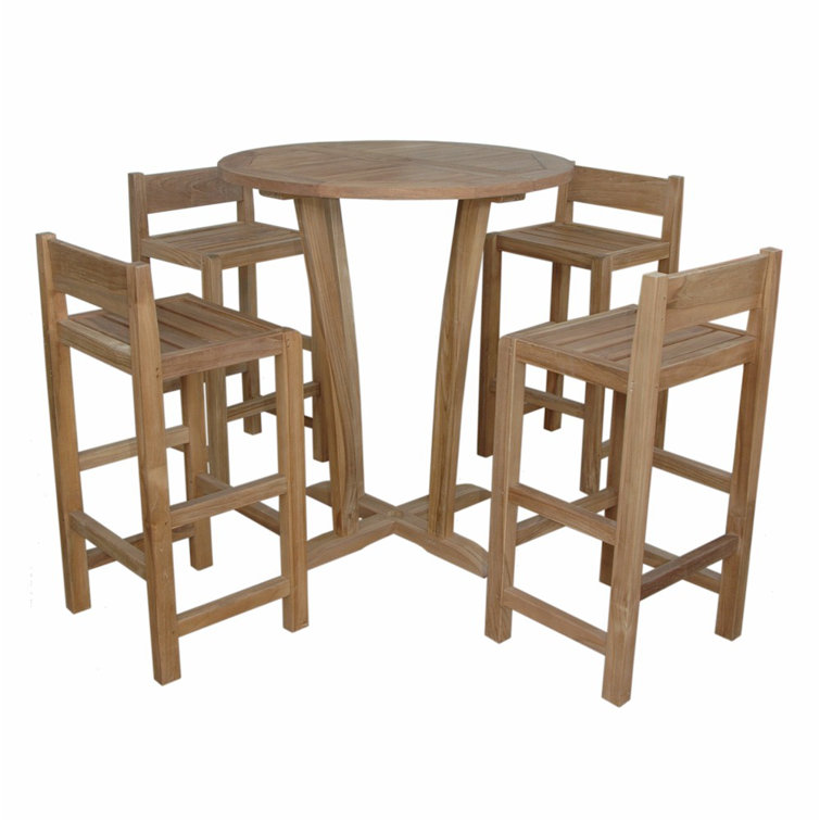 Teak 5-Piece Round Outdoor Dining Set with Stackable Chairs