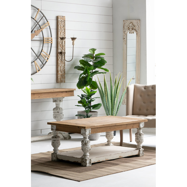 Whitewash Fir Wood Rectangular Coffee Table with Storage and Carved Legs