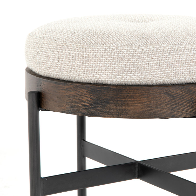 Contemporary Cream Tufted Round Ottoman with Beech Wood Top