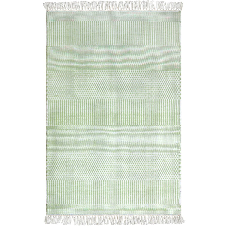 Handmade Green and White Stripe Synthetic Flatweave Rug