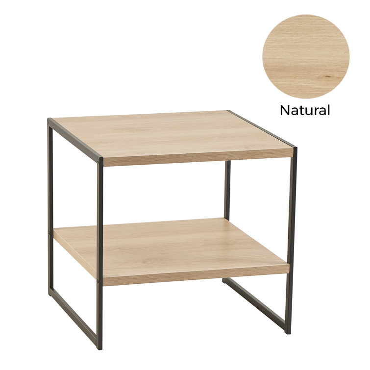 Natural Wood and Black Metal Square Side Table with Storage Shelf
