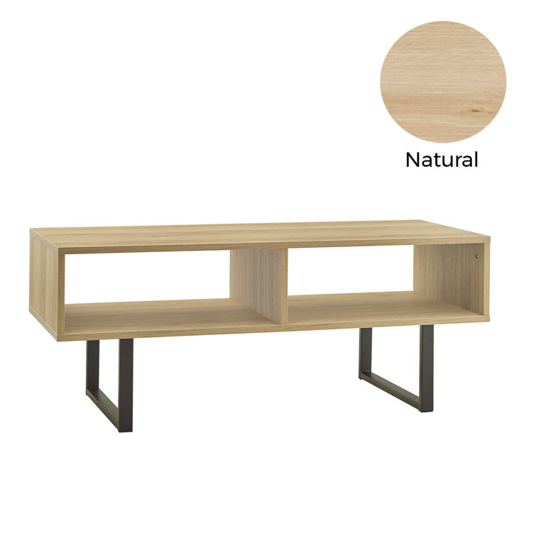 Natural MDF Rectangular Coffee Table with Black Metal Sled Base and Storage