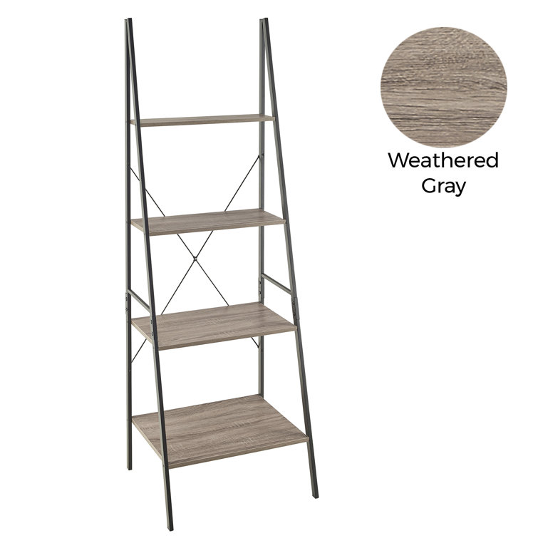 Weathered Gray 4-Tier Wood and Metal Ladder Shelf