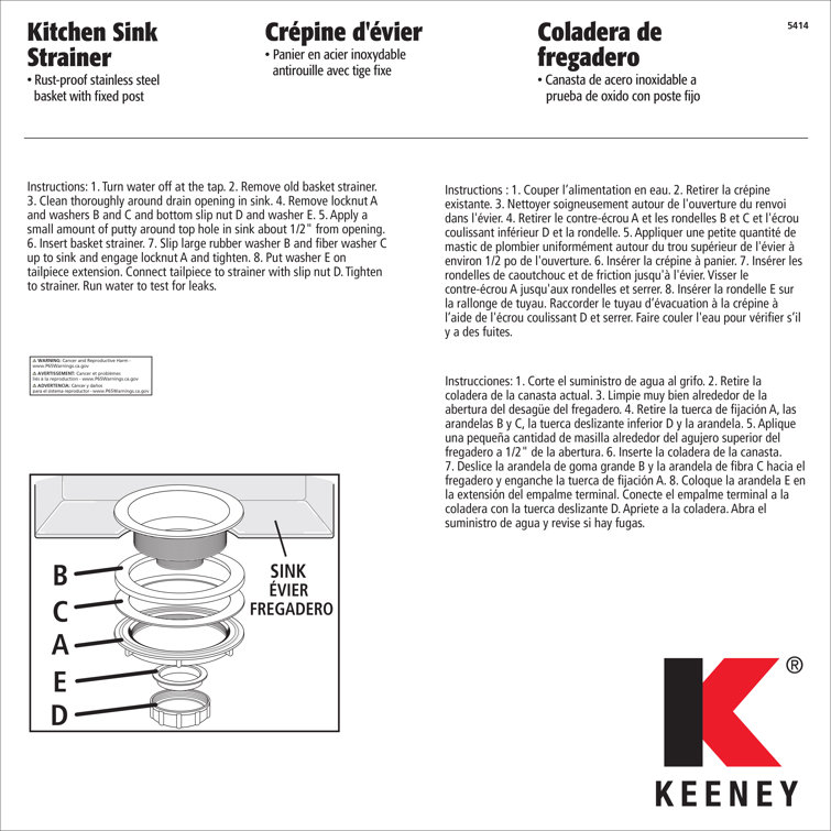 Keeney Silver Stainless Steel Rust Resistant Kitchen Sink Strainer Basket