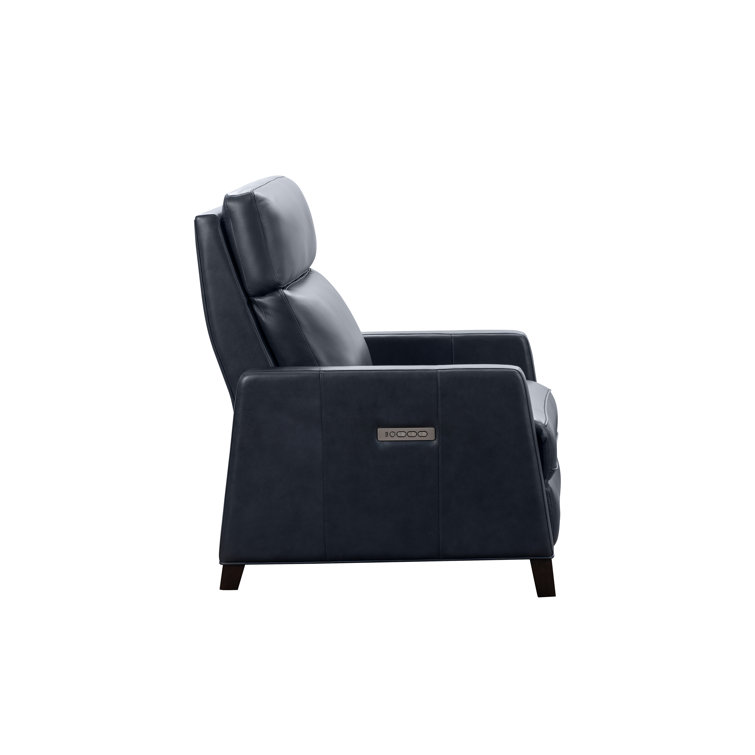 Barone Navy Blue Leather Recliner with Wood Legs