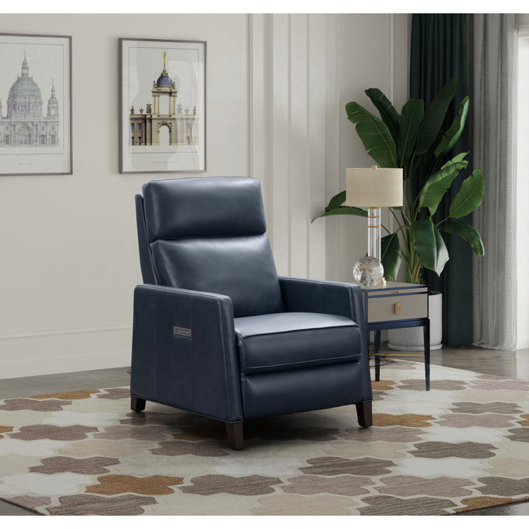 Barone Navy Blue Leather Recliner with Wood Legs