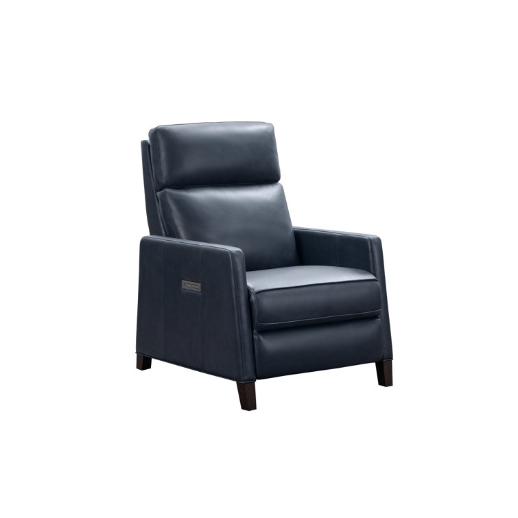 Barone Navy Blue Leather Recliner with Wood Legs