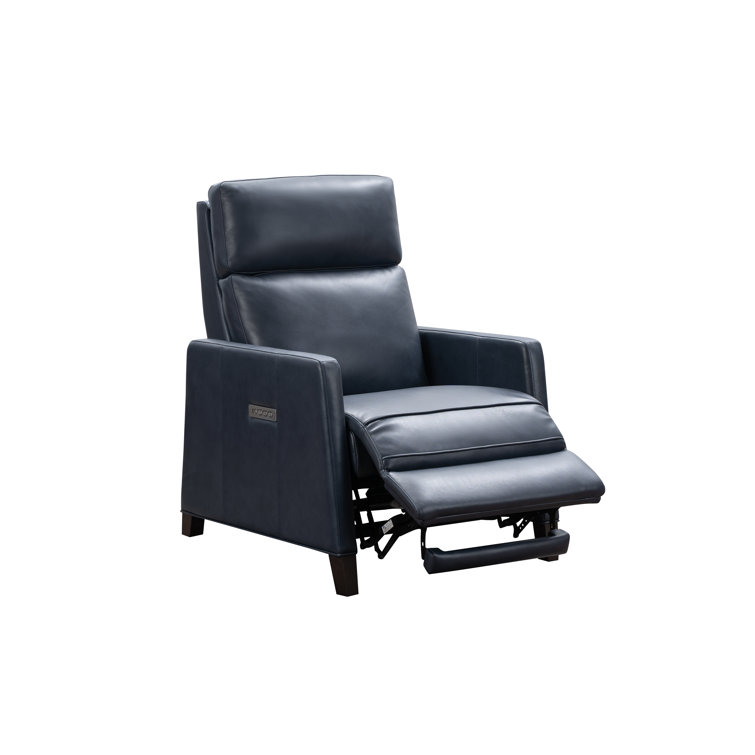 Barone Navy Blue Leather Recliner with Wood Legs