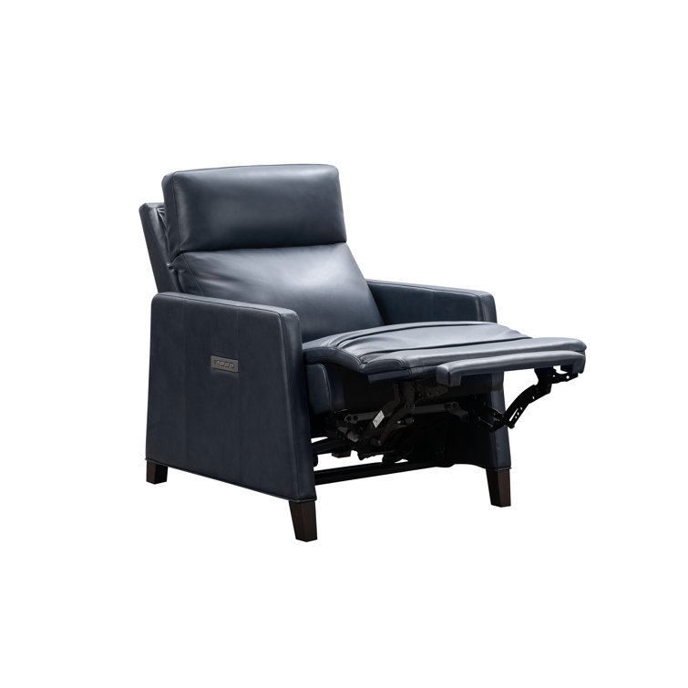 Barone Navy Blue Leather Recliner with Wood Legs