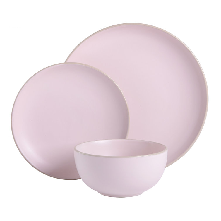 Pink and White Ceramic 12-Piece Dinnerware Set, Service for 4