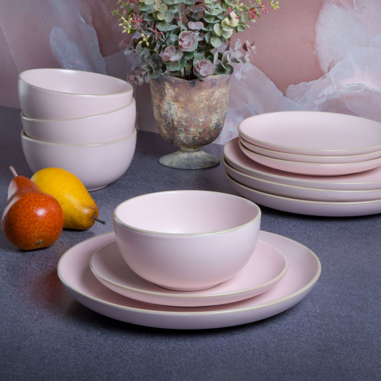 Pink and White Ceramic 12-Piece Dinnerware Set, Service for 4