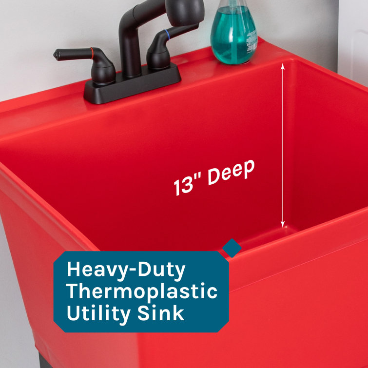 Red Thermoplastic Freestanding Utility Sink with Black Faucet