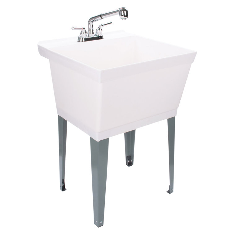 White Thermoplastic Freestanding Utility Sink with Pull-Out Faucet