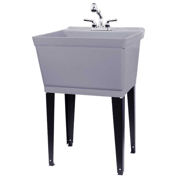 Gray Freestanding Utility Sink with Chrome Faucet and Metal Legs