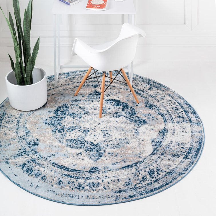 Round Blue Synthetic Stain-Resistant Area Rug