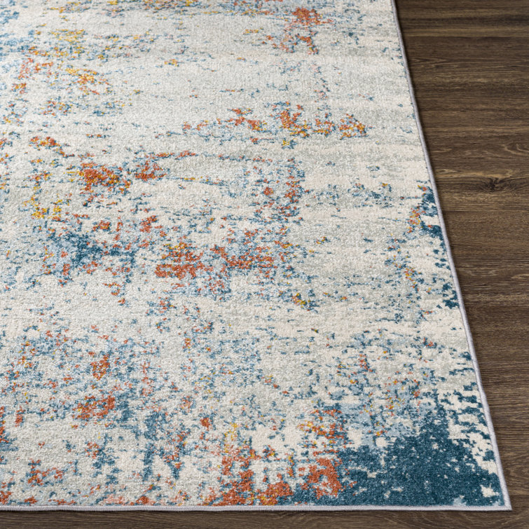 Round Blue Abstract Polypropylene Washable Rug 7'10"