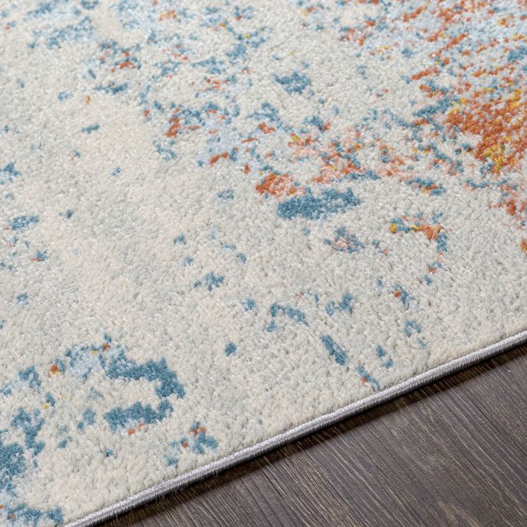 Round Blue Abstract Polypropylene Washable Rug 7'10"