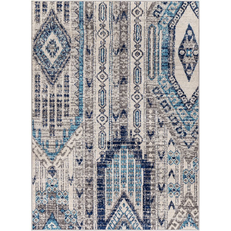 Gray and Blue Rectangular Synthetic Washable Rug 8' x 10'