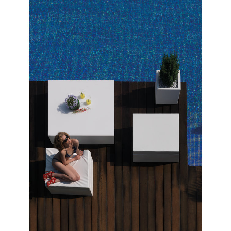 Ecru Vinyl and Plastic Square Outdoor Ottoman with Removable Cushions