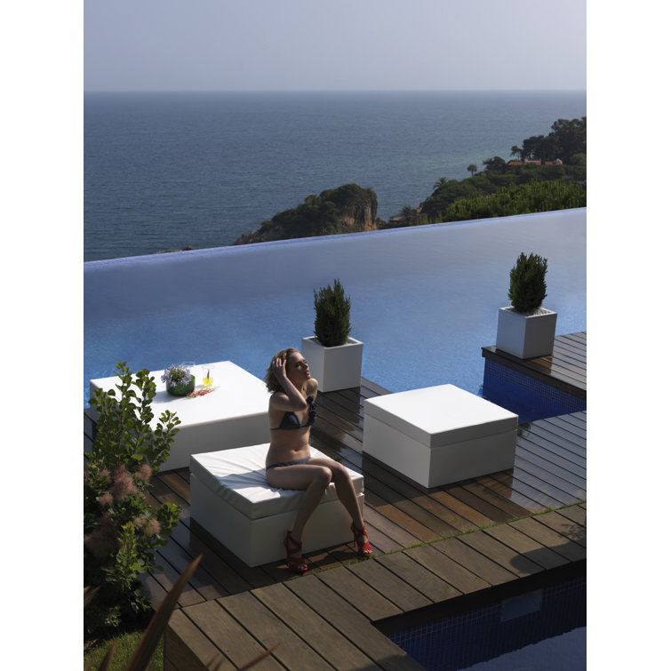 Ecru Vinyl and Plastic Square Outdoor Ottoman with Removable Cushions