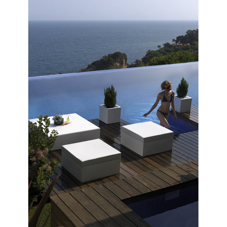 Ecru Vinyl and Plastic Square Outdoor Ottoman with Removable Cushions