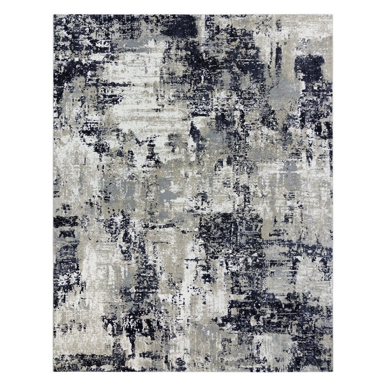 Ivory and Navy Abstract 5' x 7' Synthetic Area Rug
