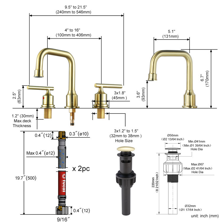 Brushed Gold Widespread 2-Handle Bathroom Faucet with Drain Assembly