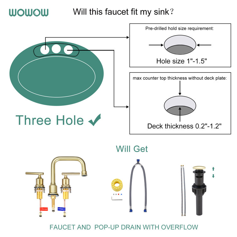 Brushed Gold Widespread 2-Handle Bathroom Faucet with Drain Assembly
