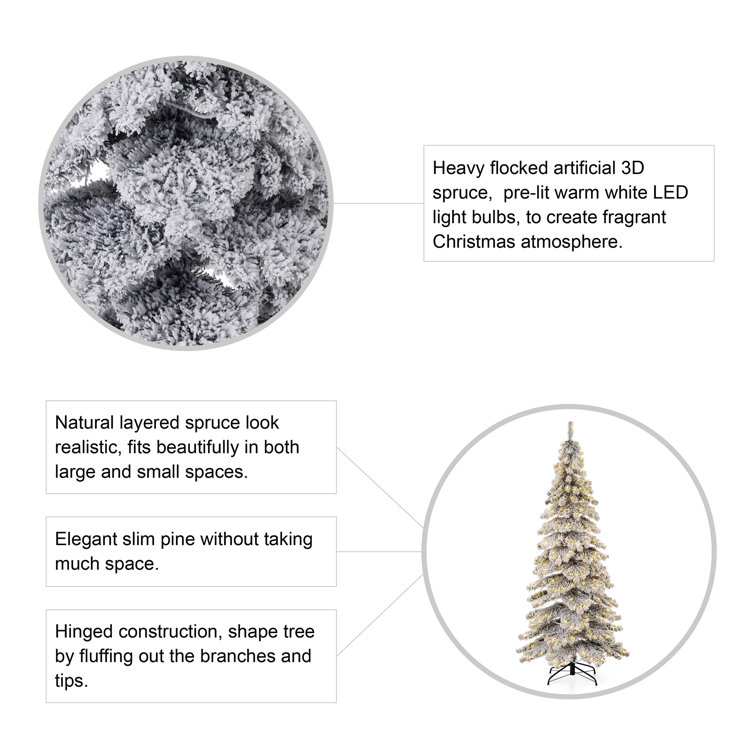 7.5ft White Flocked Slender Spruce Christmas Tree with LED Lights