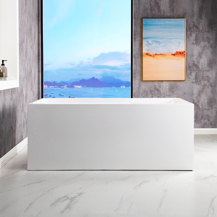 59'' White Acrylic Freestanding Rectangular Soaking Bathtub