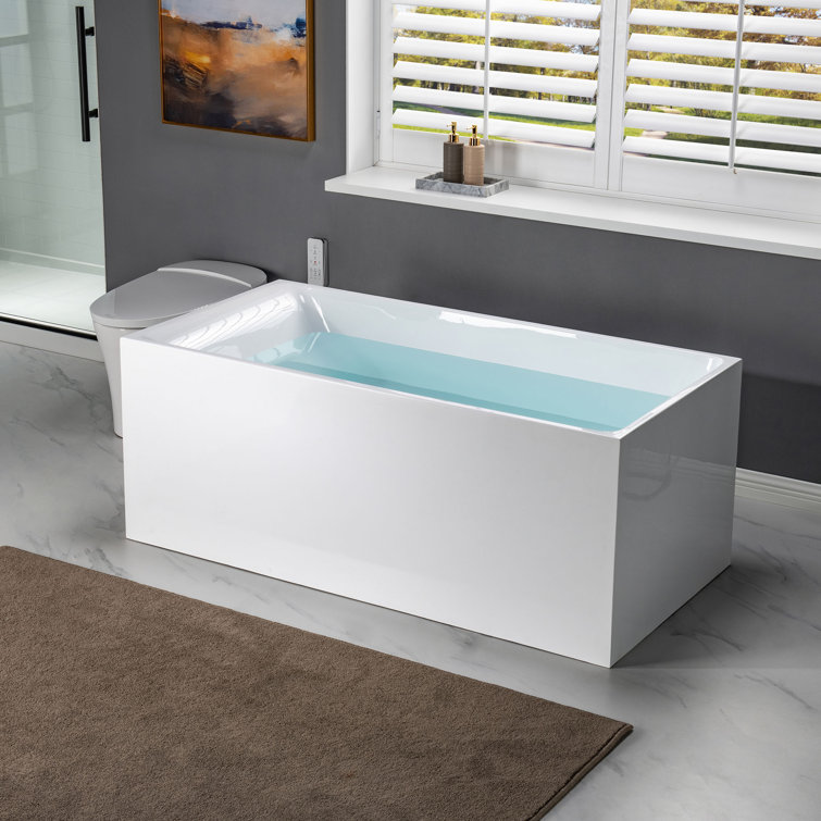 59'' White Acrylic Freestanding Rectangular Soaking Bathtub