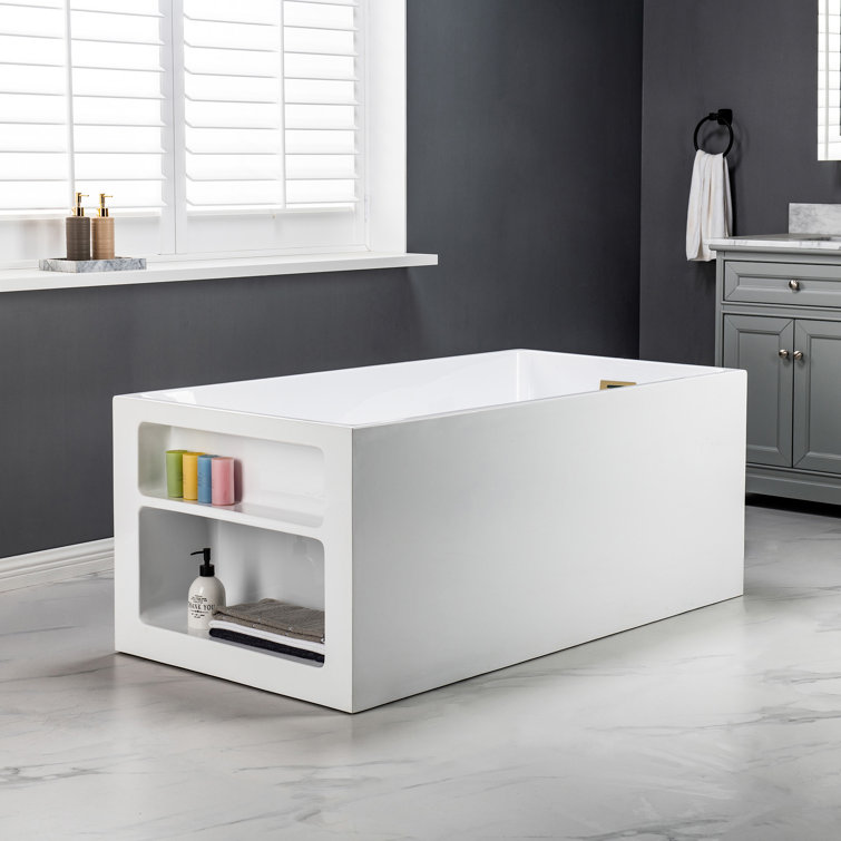59'' White Acrylic Freestanding Rectangular Soaking Bathtub