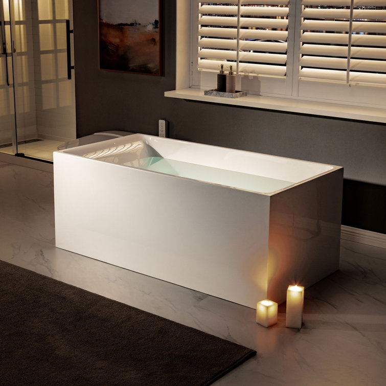 59" White Acrylic Freestanding Rectangular Soaking Bathtub