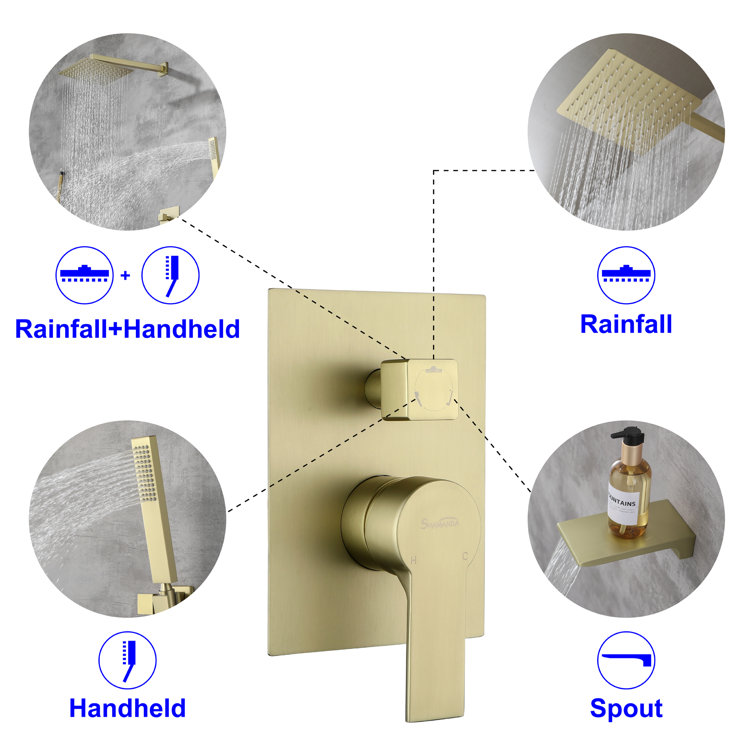Brushed Gold 10'' Square Wall Mounted Rain Shower System