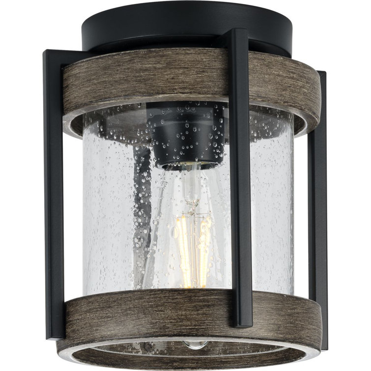 Matte Black and Clear Seeded Glass Outdoor Flush Mount Light