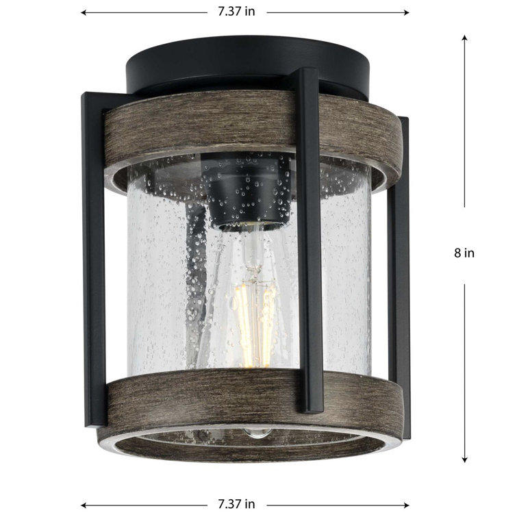 Matte Black and Clear Seeded Glass Outdoor Flush Mount Light