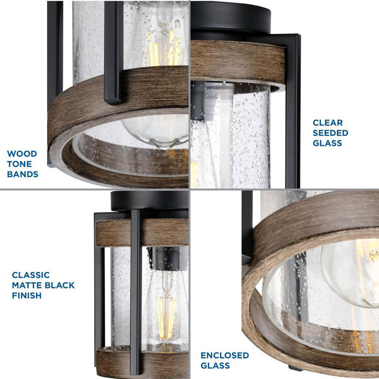 Matte Black and Clear Seeded Glass Outdoor Flush Mount Light