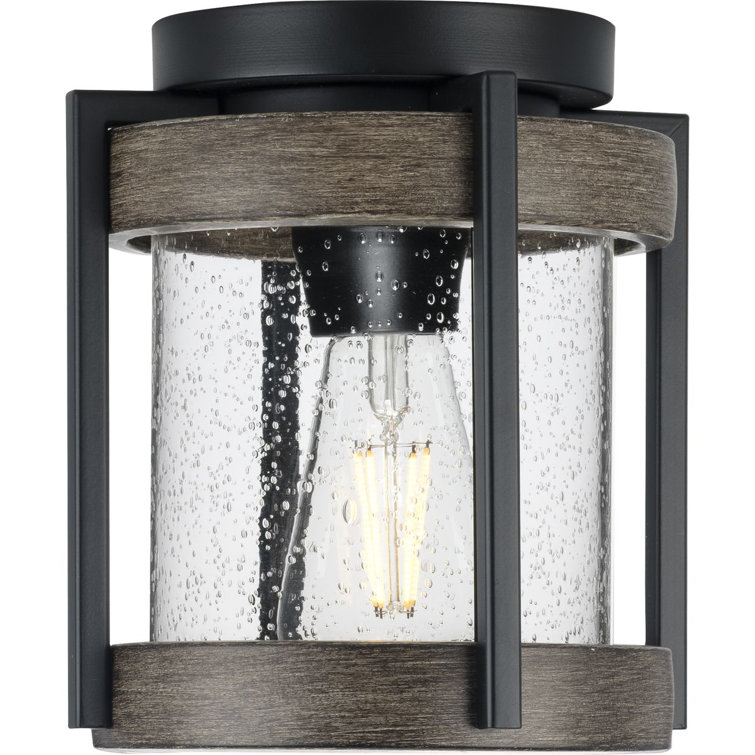 Matte Black and Clear Seeded Glass Outdoor Flush Mount Light