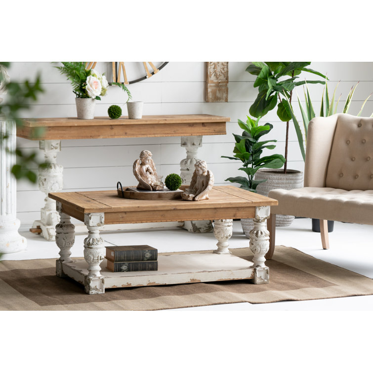 Whitewash Fir Wood Rectangular Coffee Table with Storage and Carved Legs