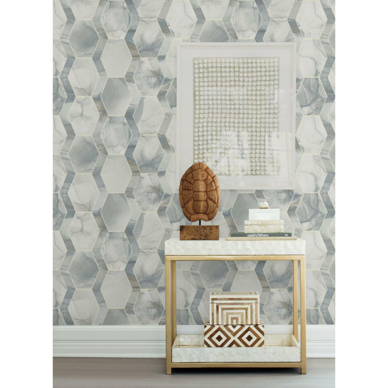 Blue and Gray Hexagon Marble Wallpaper Double Roll
