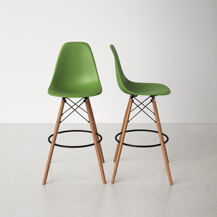 Parisian Modern Classic Green Counter Stools with Natural Wood Legs, Set of 2