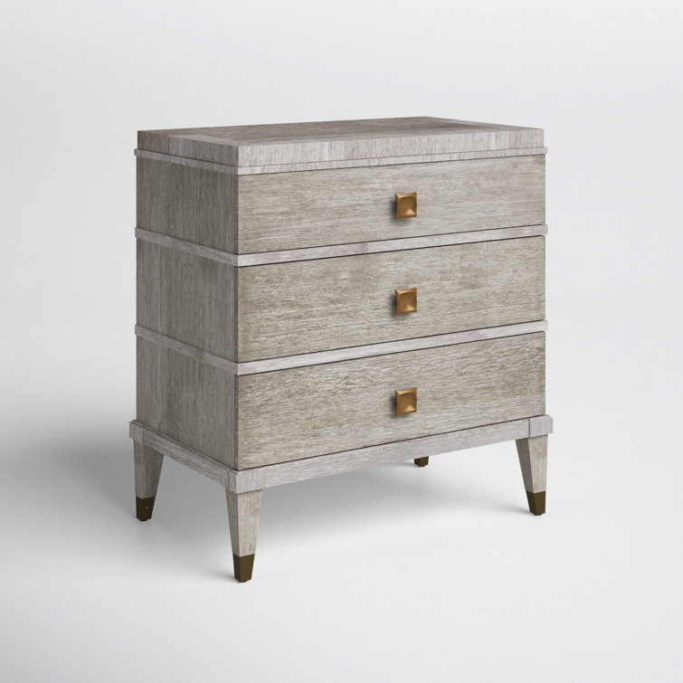 Transitional Brown Oak 3-Drawer Nightstand with Brass Accents