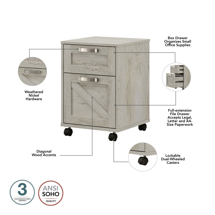 Cottage White 2-Drawer Mobile Pedestal File Cabinet with Weathered Nickel Accents