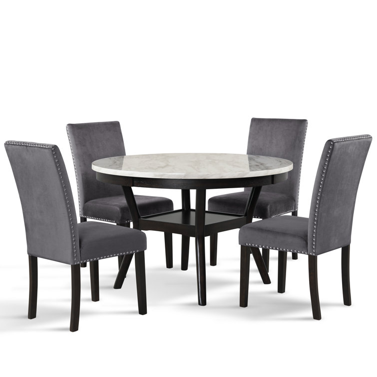 Celeste 5-Piece Gray Faux Marble and Velvet Dining Set