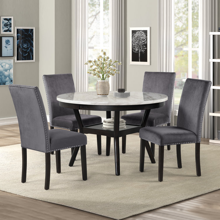Celeste 5-Piece Gray Faux Marble and Velvet Dining Set