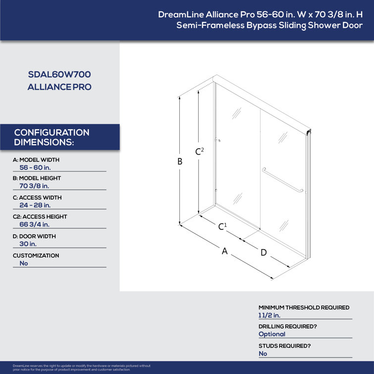 Alliance Pro 56'' Matte Black Semi-Frameless Sliding Shower Door