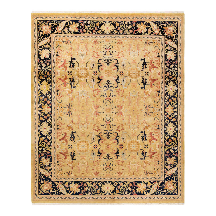 Hand-Knotted Beige and Black Wool Floral Area Rug