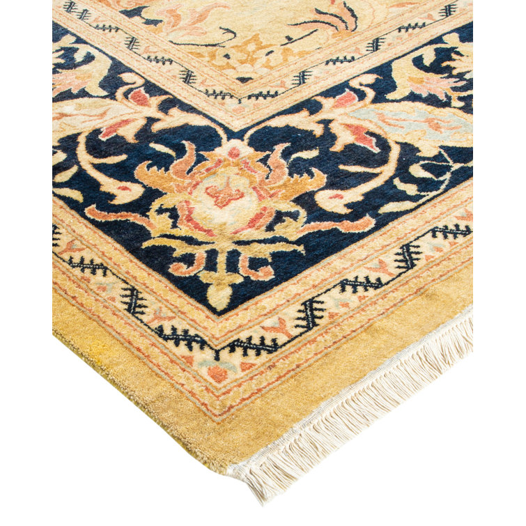 Hand-Knotted Beige and Black Wool Floral Area Rug